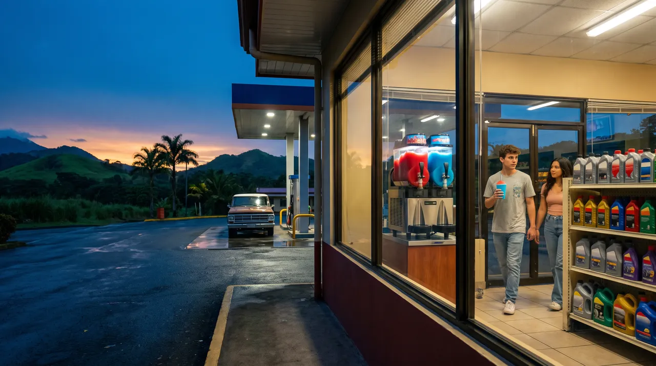 Tienda de conveniencia de una gasolinera al anochecer, con una máquina de granizados y un estante de aceites para motor